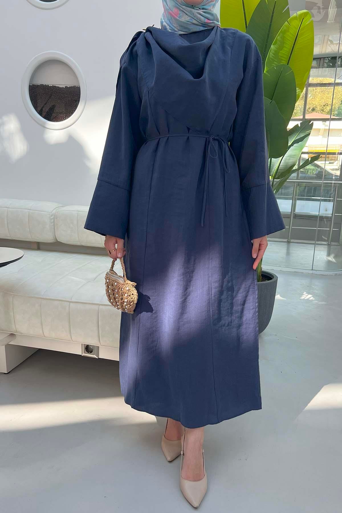 Sare Fashion Brooch Detailed Belted Dress Navy Blue