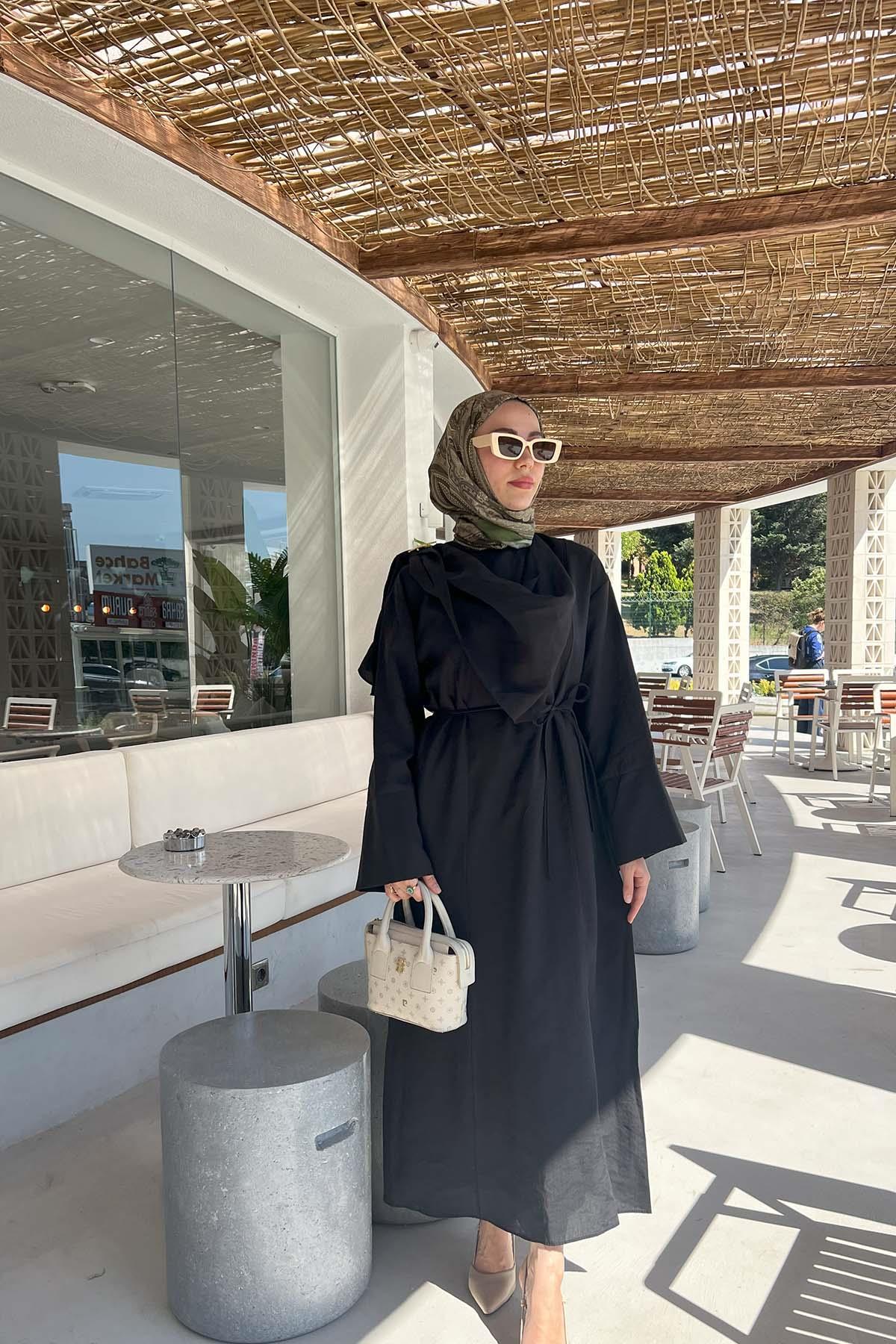 Sare Fashion Brooch Detailed Belted Dress Black