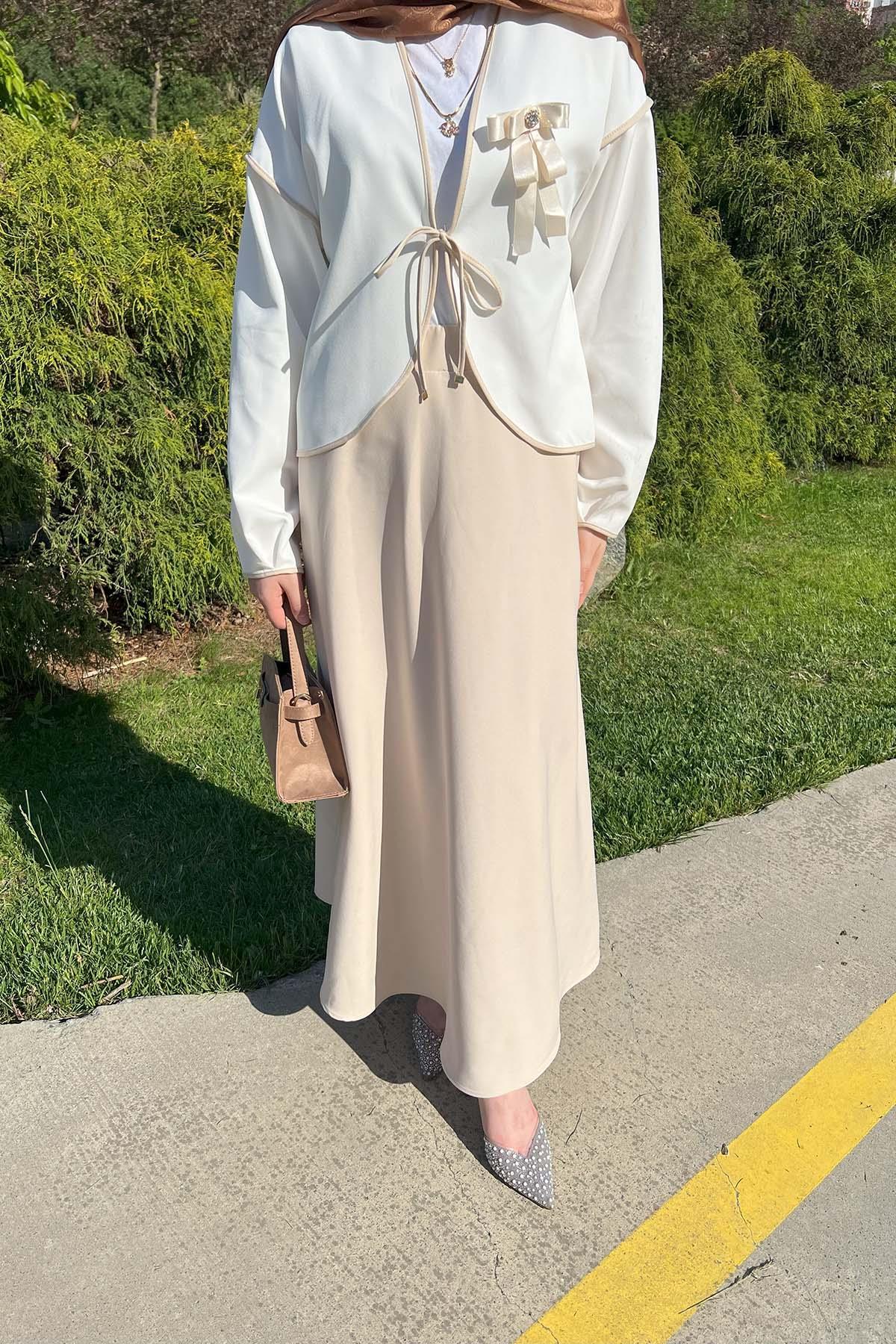 Sare Fashion Brooch Kimono Set Beige