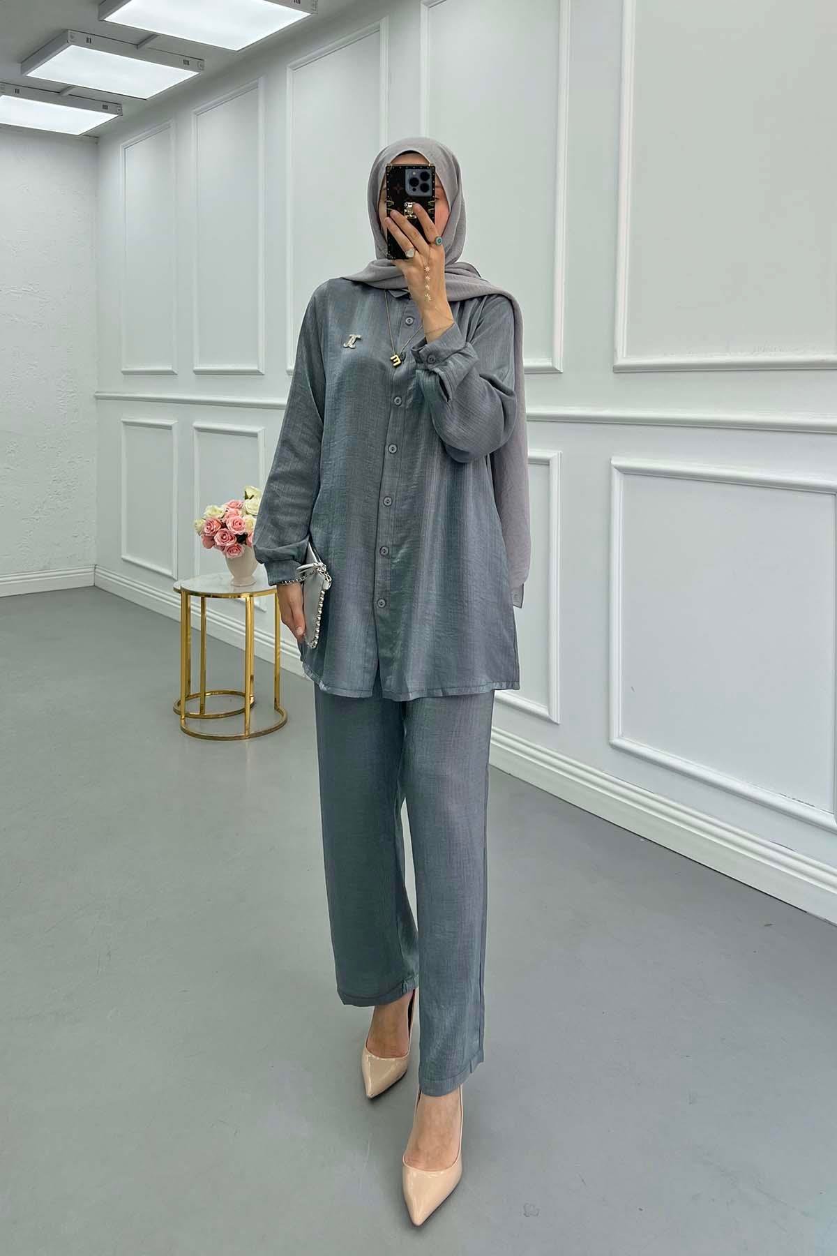 Sare Fashion Brooch Shiny Two Piece Suit Gray