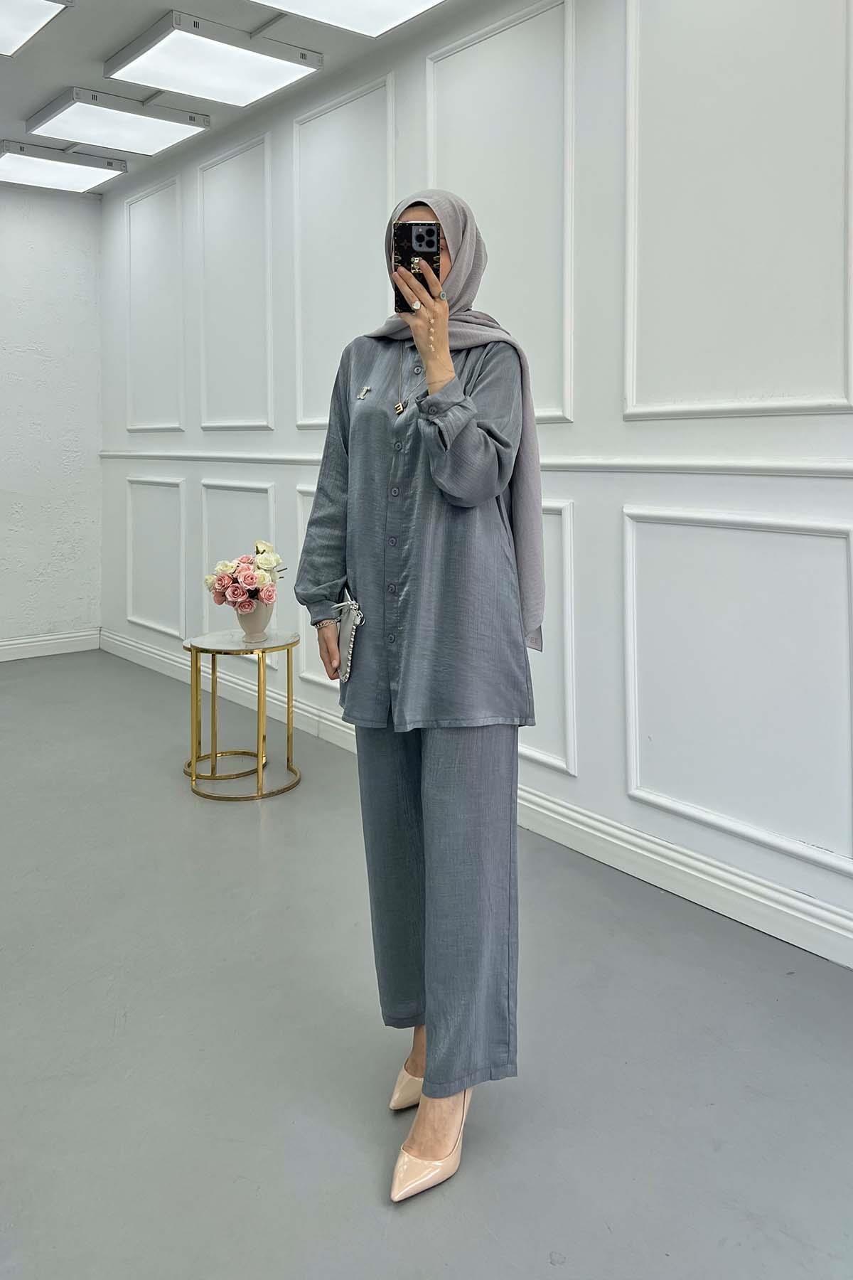 Sare Fashion Brooch Shiny Two Piece Suit Gray