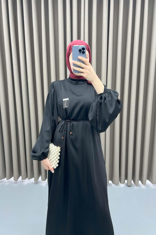 Brooch Satin Dress Black
