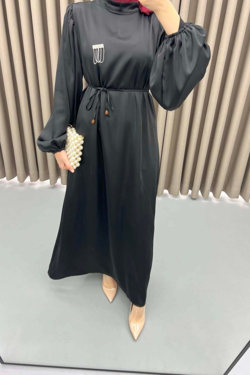 Brooch Satin Dress Black