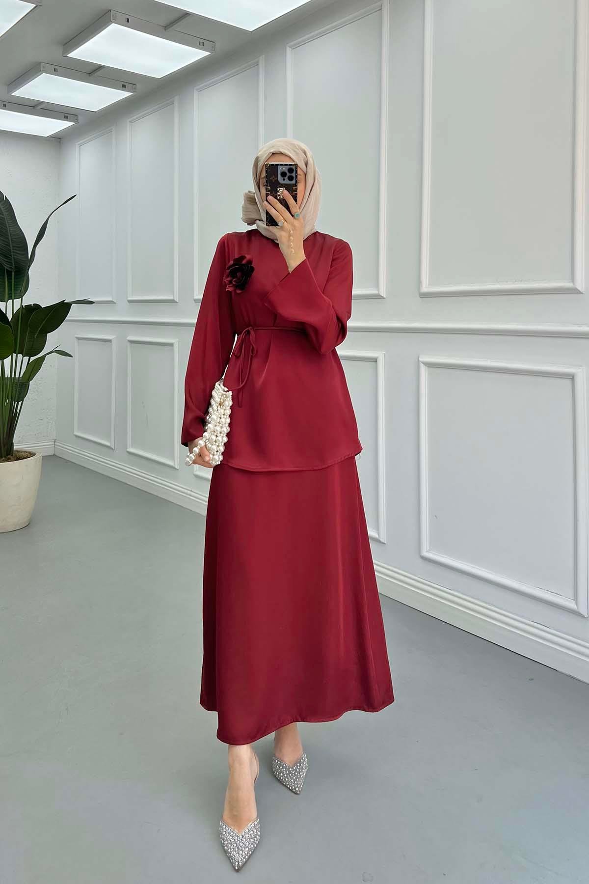 Sare Fashion Brooch Satin Suit Claret Red