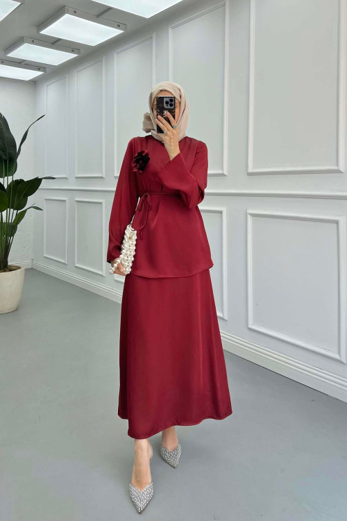 Sare Fashion Brooch Satin Suit Claret Red