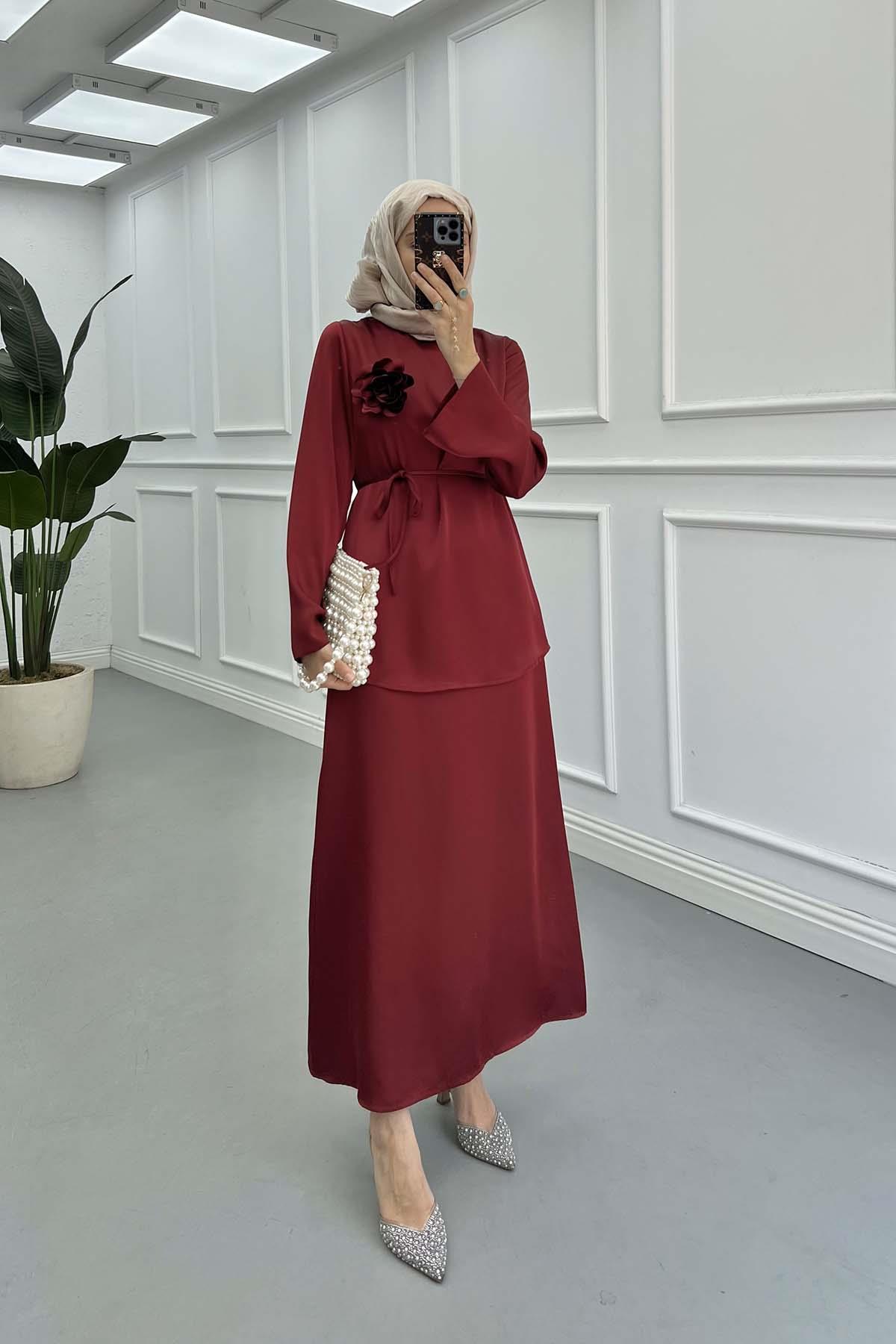 Sare Fashion Brooch Satin Suit Claret Red