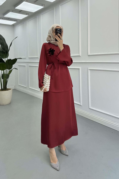 Sare Fashion Brooch Satin Suit Claret Red
