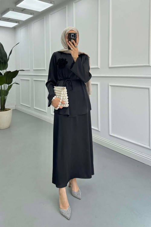 Sare Fashion Brooch Satin Suit Black