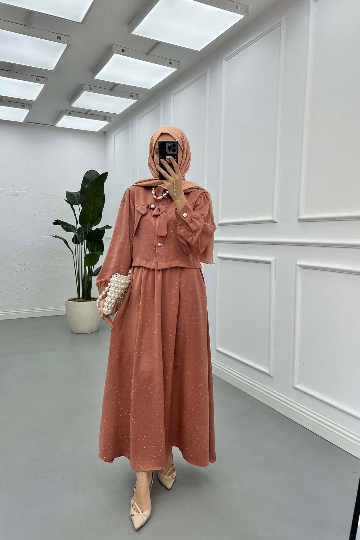 Sare Fashion Brooch Stone Detailed Skirt Suit Dusty Rose
