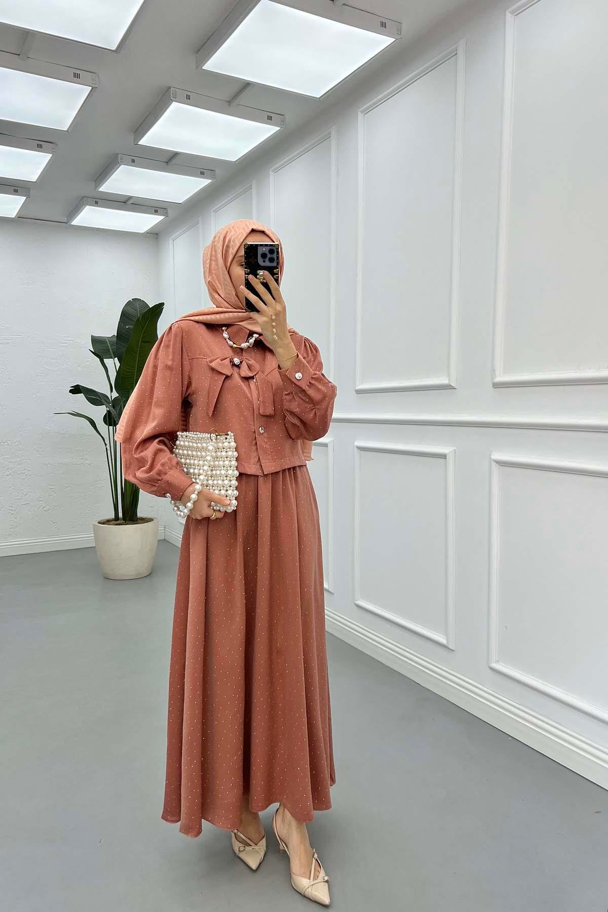 Sare Fashion Brooch Stone Detailed Skirt Suit Dusty Rose