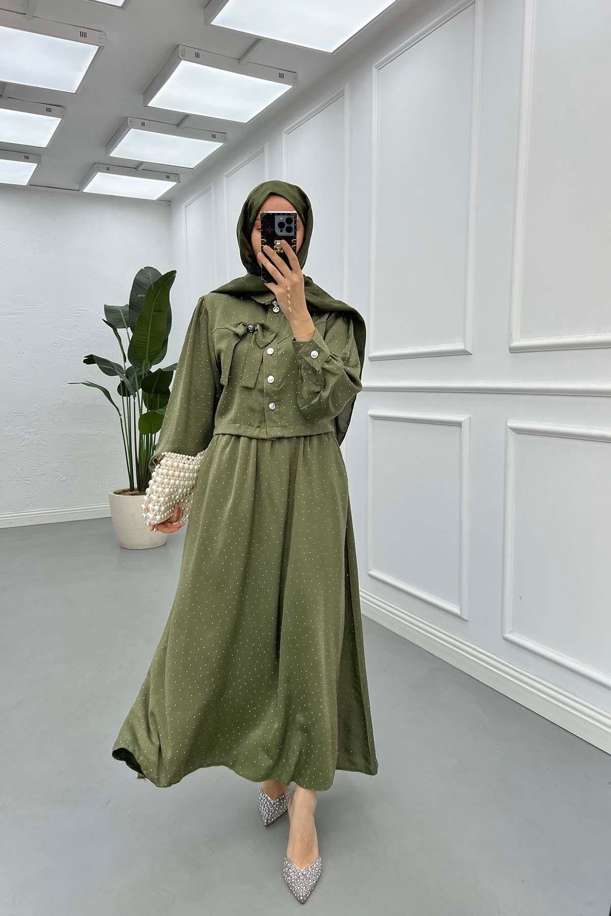 Sare Fashion Brooch Stone Detailed Skirt Suit Khaki