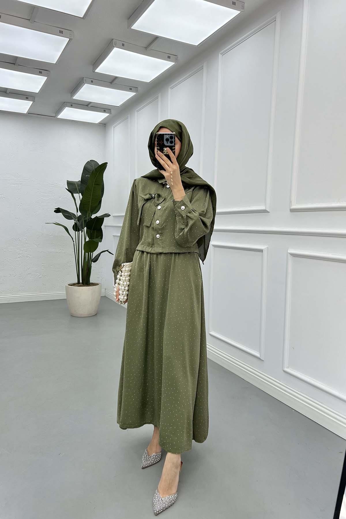 Sare Fashion Brooch Stone Detailed Skirt Suit Khaki