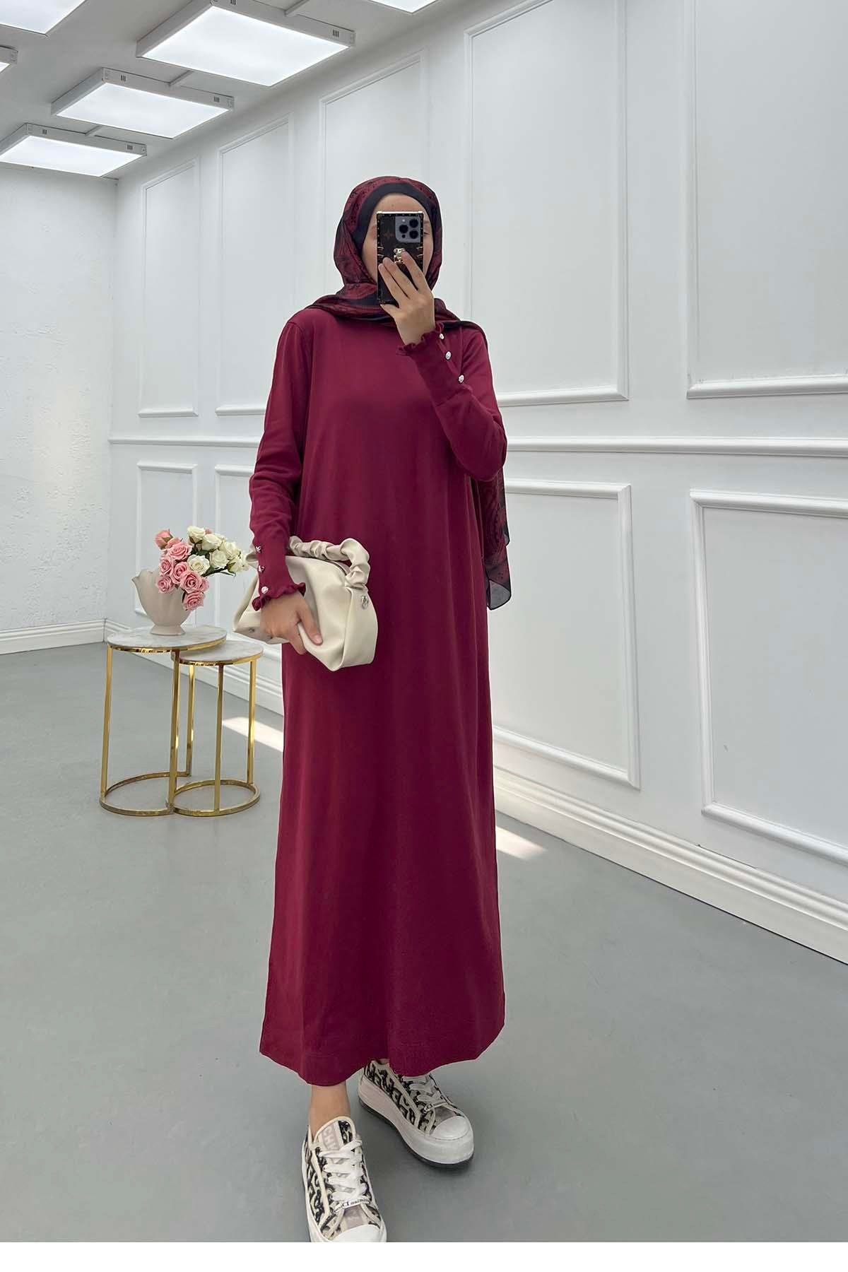 Sare Fashion Gathered Collar Stone Detailed Tunic Dress Burgundy Sare Fashion Gathered Collar Stone Detailed Tunic Dress Burgundy