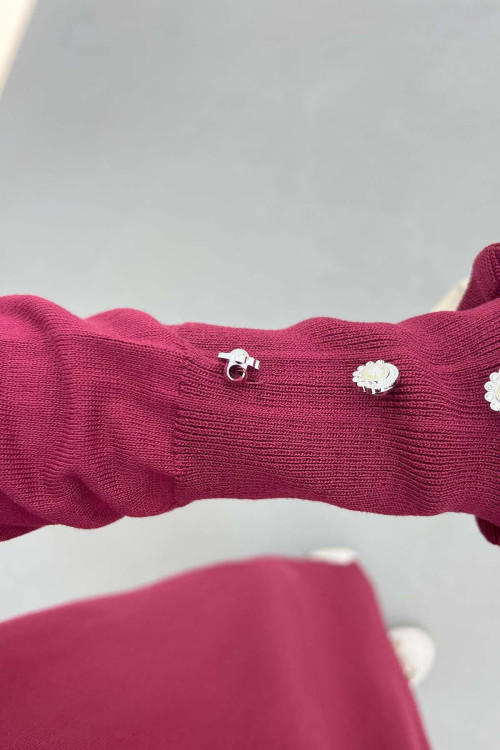 Sare Fashion Gathered Collar Stone Detailed Tunic Dress Burgundy Sare Fashion Gathered Collar Stone Detailed Tunic Dress Burgundy