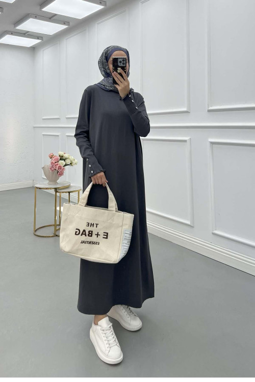 Sare Fashion Gathered Collar Stone Detailed Tunic Dress Gray Sare Fashion Gathered Collar Stone Detailed Tunic Dress Gray