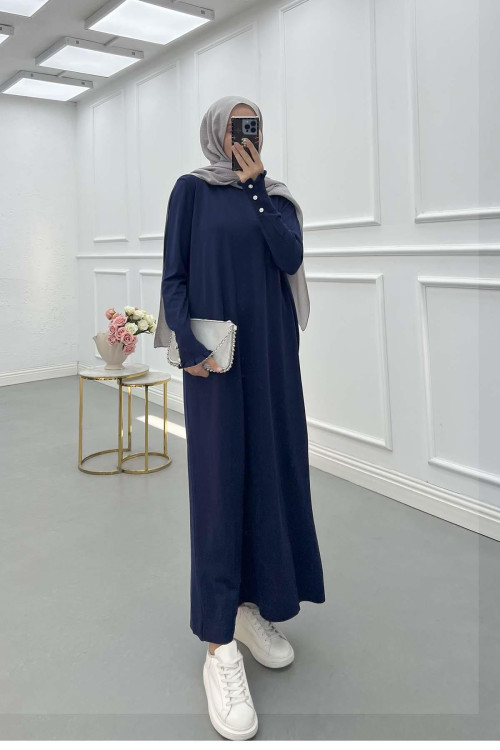 Sare Fashion Gathered Collar Stone Detailed Tunic Dress Navy Blue Sare Fashion Gathered Collar Stone Detailed Tunic Dress Navy Blue