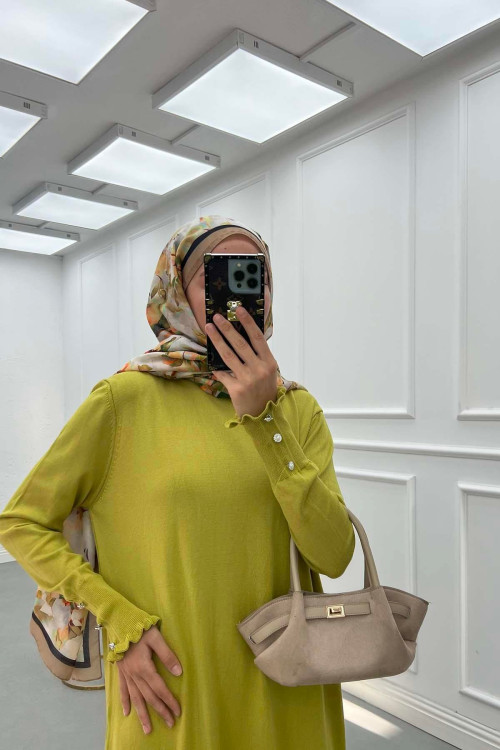 Sare Fashion Gathered Collar Stone Detailed Tunic Dress Oil Green Sare Fashion Gathered Collar Stone Detailed Tunic Dress Oil Green