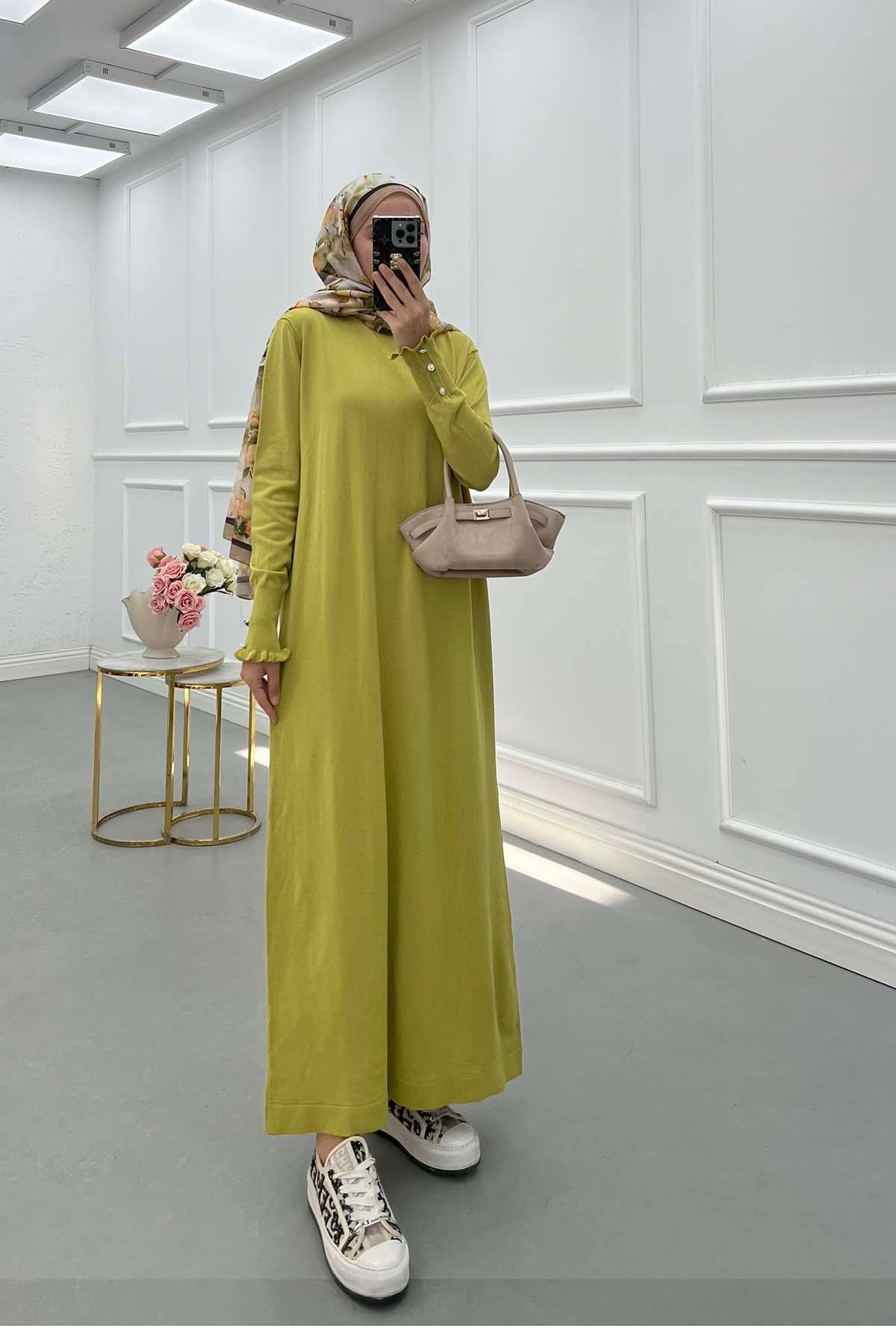 Sare Fashion Gathered Collar Stone Detailed Tunic Dress Oil Green Sare Fashion Gathered Collar Stone Detailed Tunic Dress Oil Green