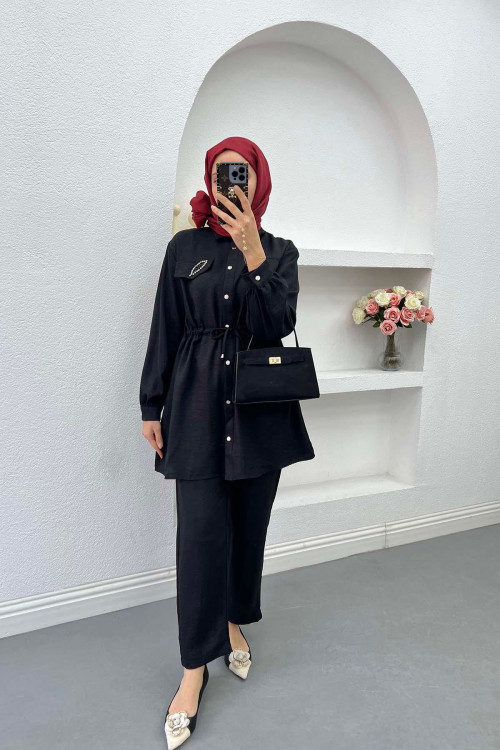 Gathered Pocket Stone Suit Black