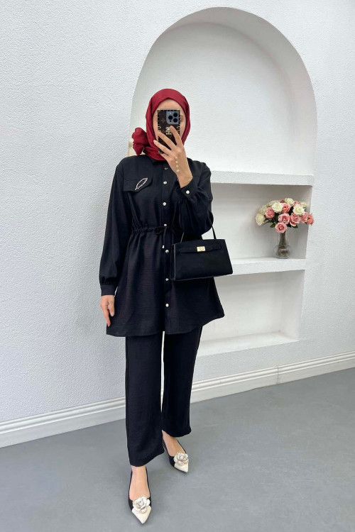 Gathered Pocket Stone Suit Black