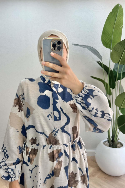 Linen Dress with Pleated Pattern Navy Blue