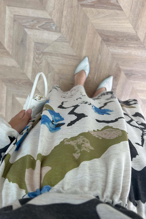 Gathered Patterned Linen Dress Green