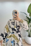 Gathered Patterned Linen Dress Green