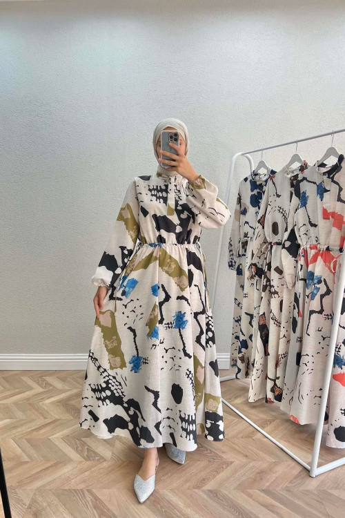 Gathered Patterned Linen Dress Green