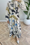 Gathered Patterned Linen Dress Green