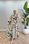 Gathered Patterned Linen Dress Green