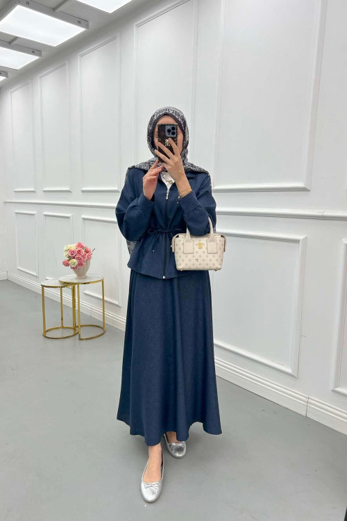 Sare Fashion Pleated Skirt Suit Navy Blue