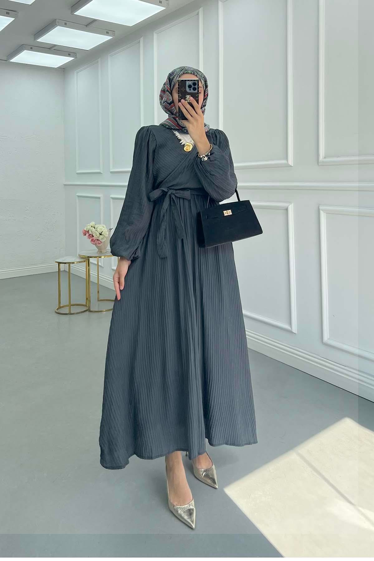 Sare Fashion Cross-Piece Belted Lined Dress Anthracite Sare Fashion Cross-Piece Belted Lined Dress Anthracite