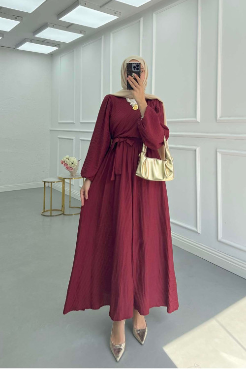 Sare Fashion Cross-Piece Belted Lined Dress Burgundy Sare Fashion Cross-Piece Belted Lined Dress Burgundy