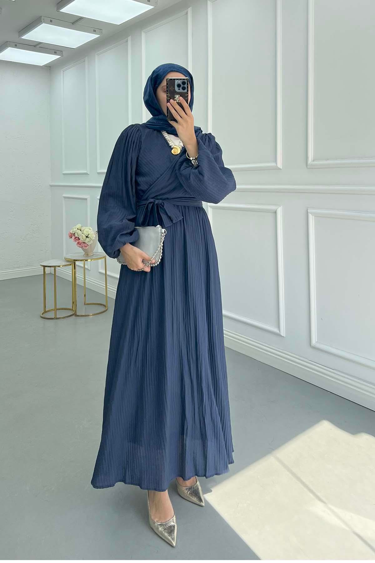 Sare Fashion Cross-Piece Belted Lined Dress Navy Blue