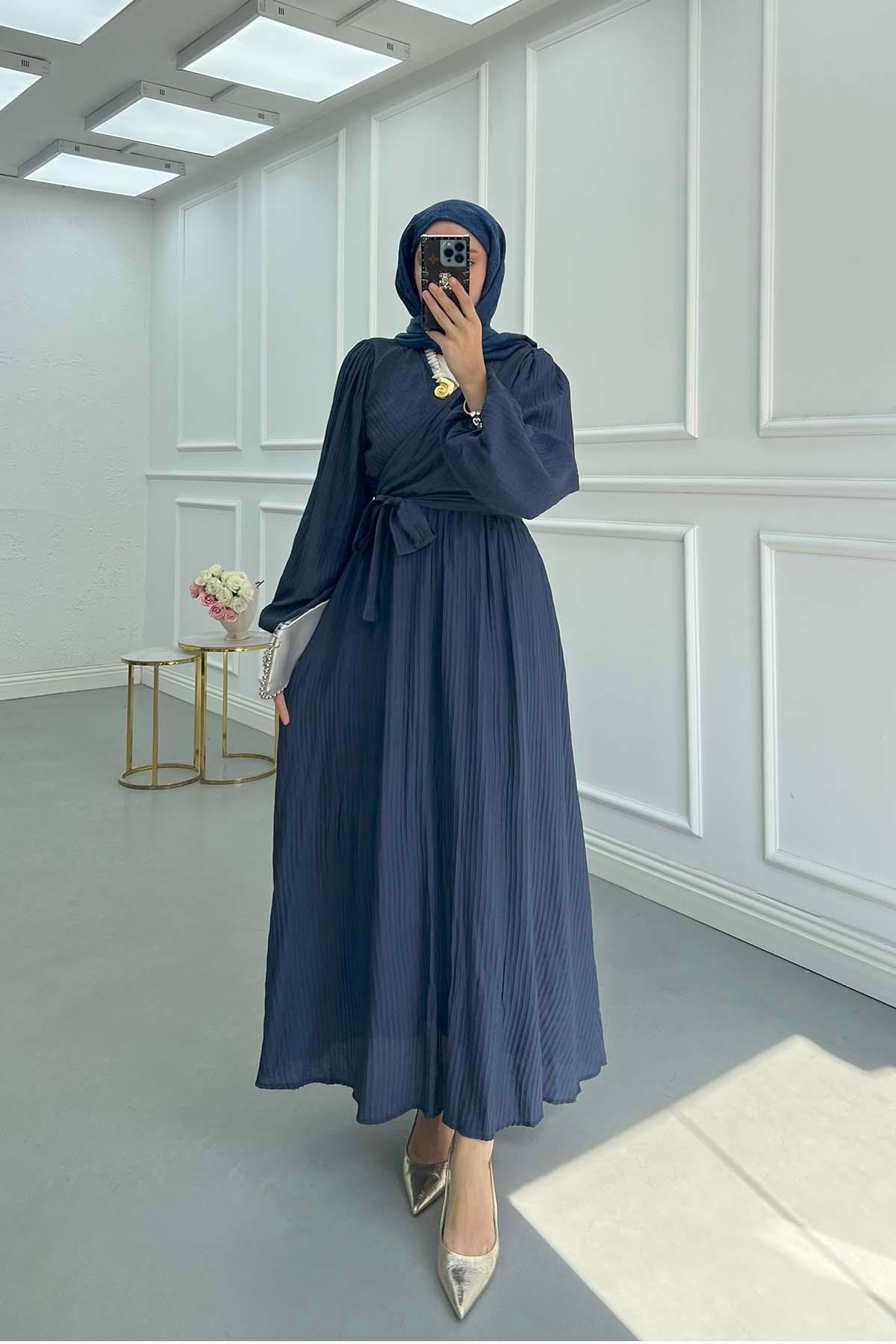 Sare Fashion Cross-Piece Belted Lined Dress Navy Blue