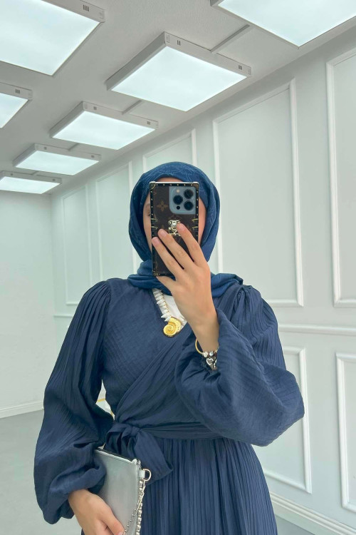 Sare Fashion Cross-Piece Belted Lined Dress Navy Blue