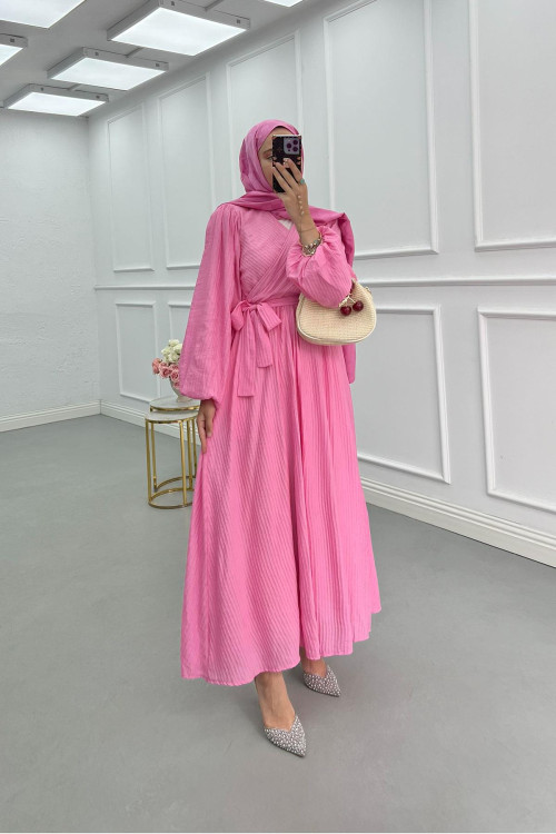 Sare Fashion Pink Cross-Binding Belted Lined Dress