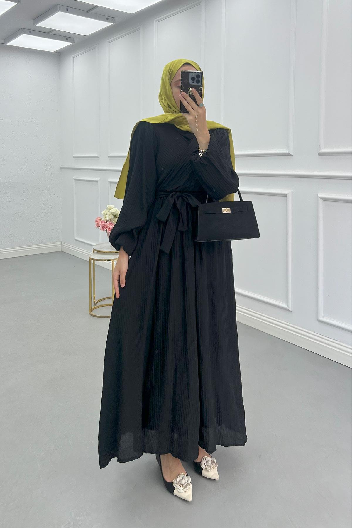Sare Fashion Cross-Piece Belted Lined Dress Black