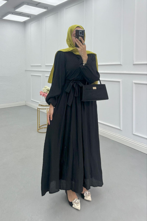 Sare Fashion Cross-Piece Belted Lined Dress Black