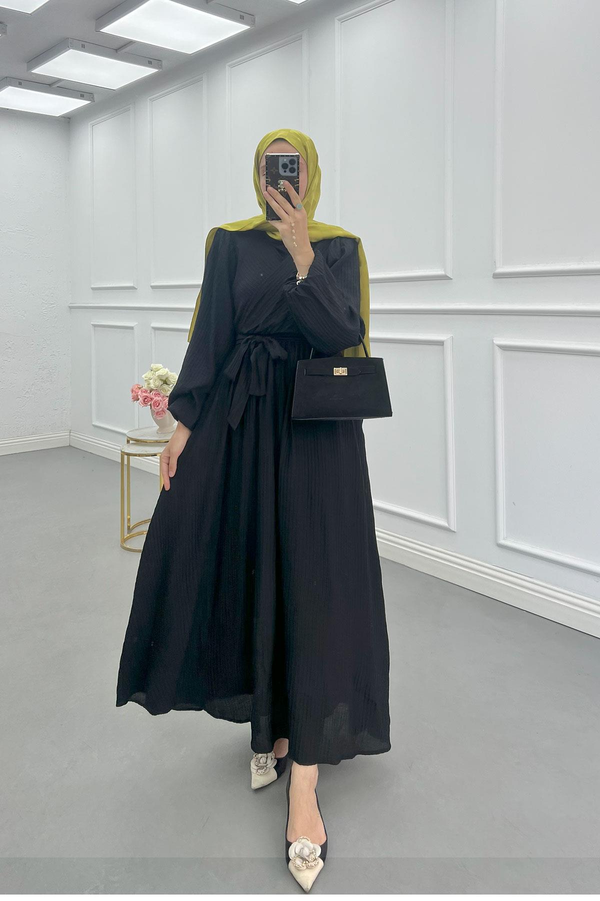 Sare Fashion Cross-Piece Belted Lined Dress Black