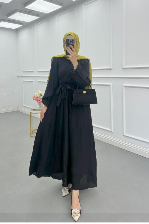 Sare Fashion Cross-Piece Belted Lined Dress Black