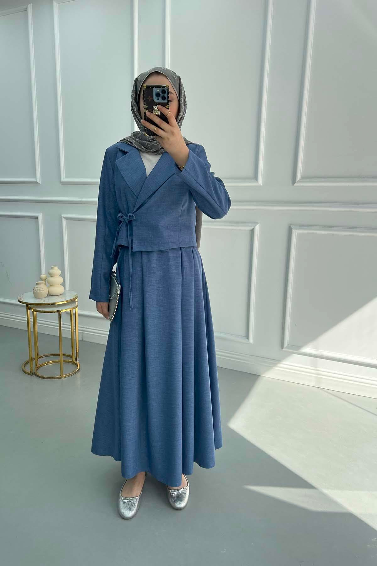 Tied Jacket Skirt Set Blue