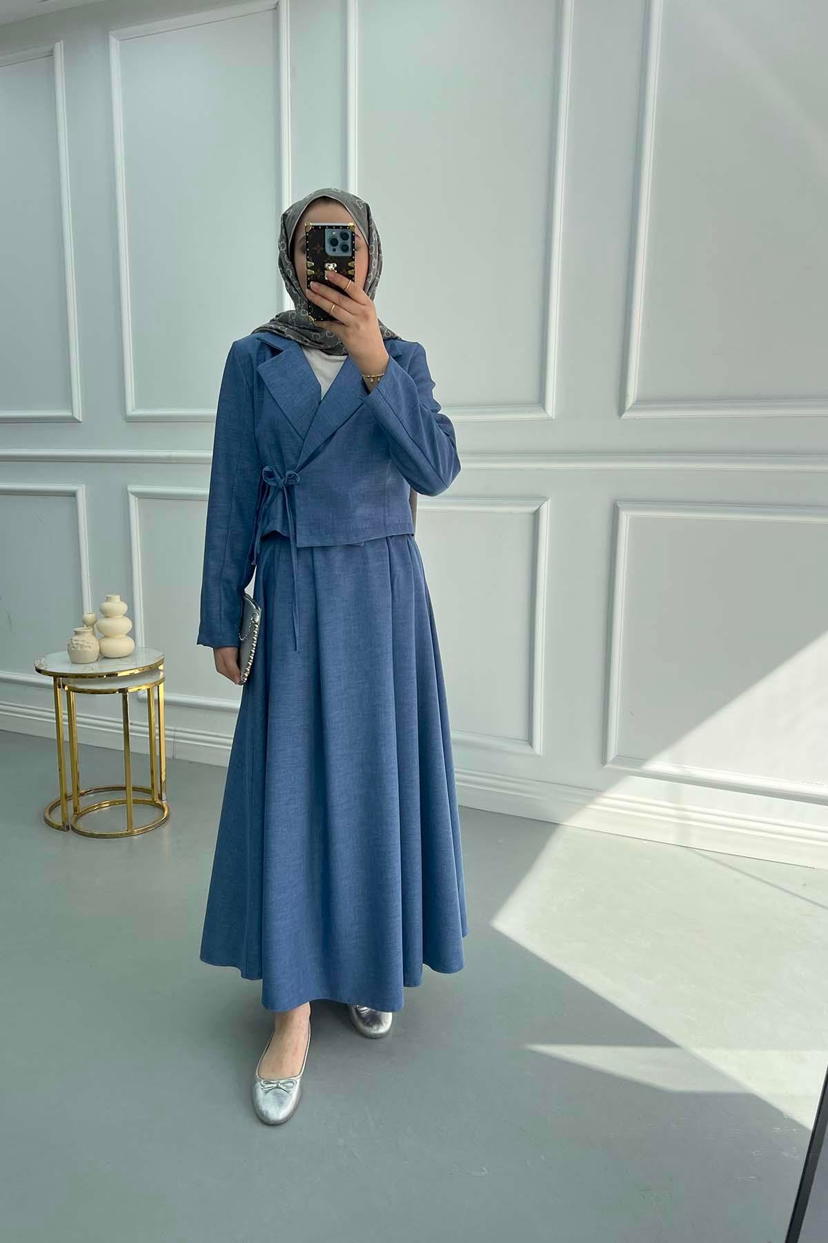 Tied Jacket Skirt Set Blue