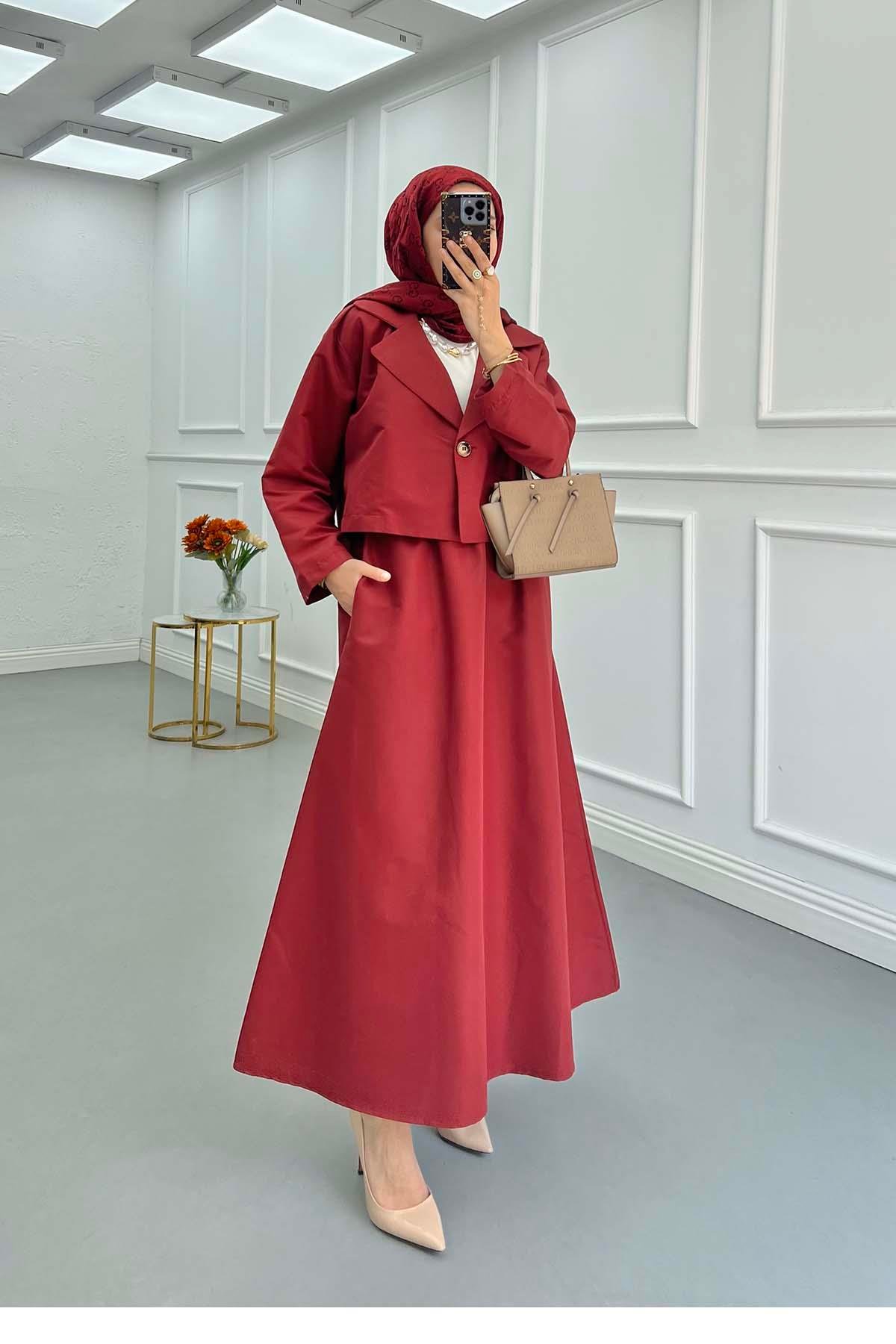 Sare Fashion Single Button Skirt Suit with Jacket Burgundy