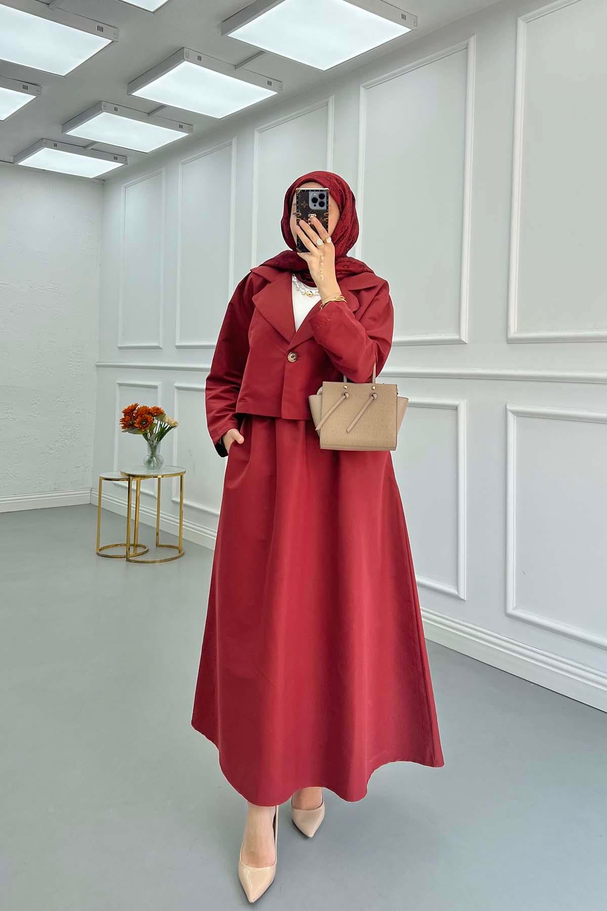 Sare Fashion Single Button Skirt Suit with Jacket Burgundy