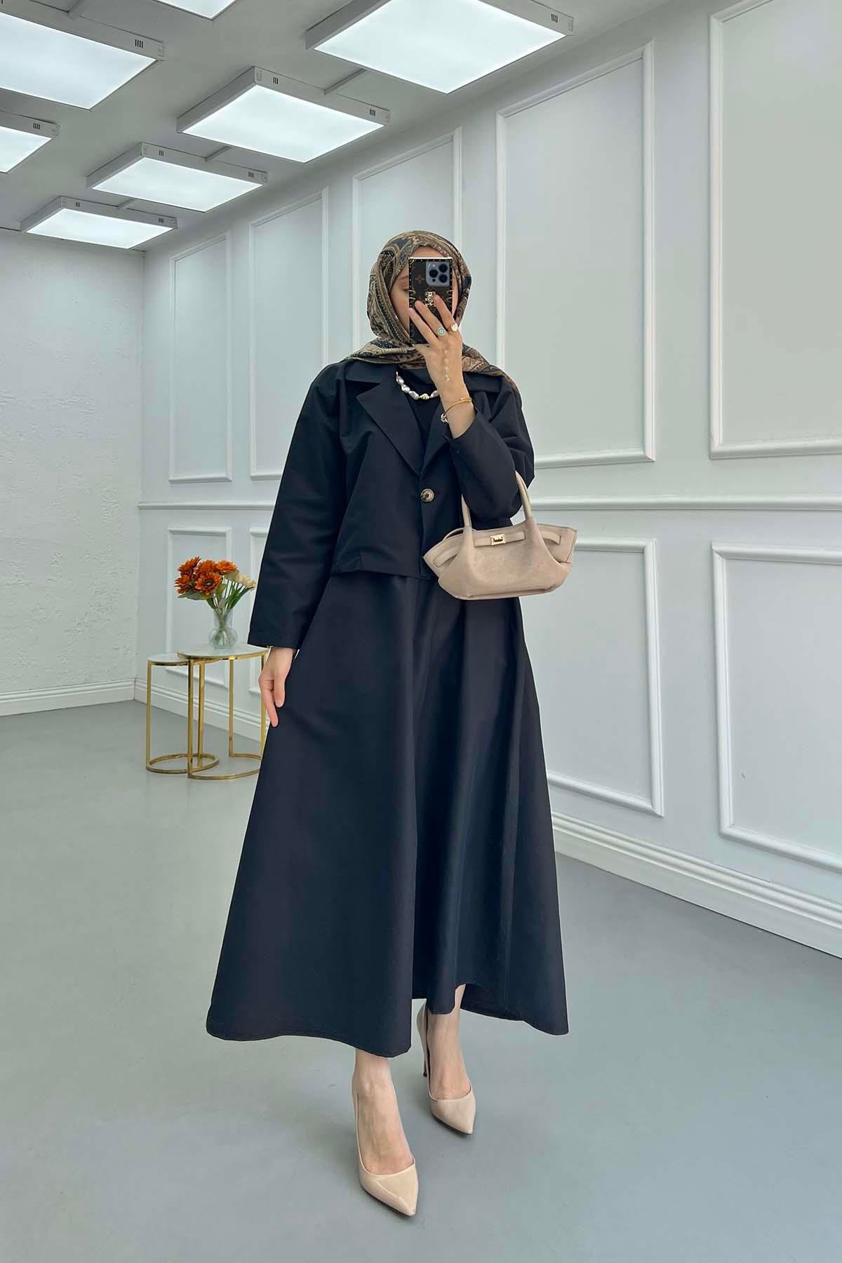 Sare Fashion Jacket and Single Button Skirt Suit Black