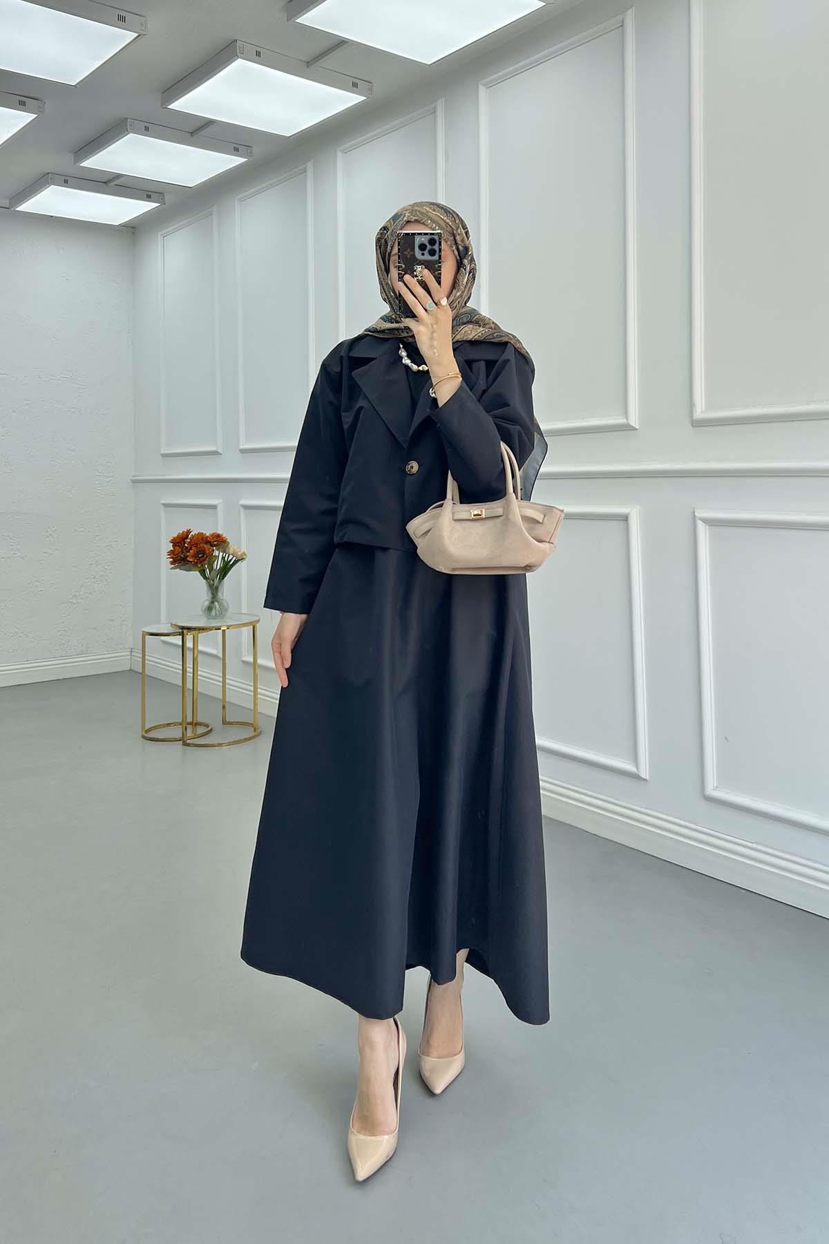 Sare Fashion Jacket and Single Button Skirt Suit Black
