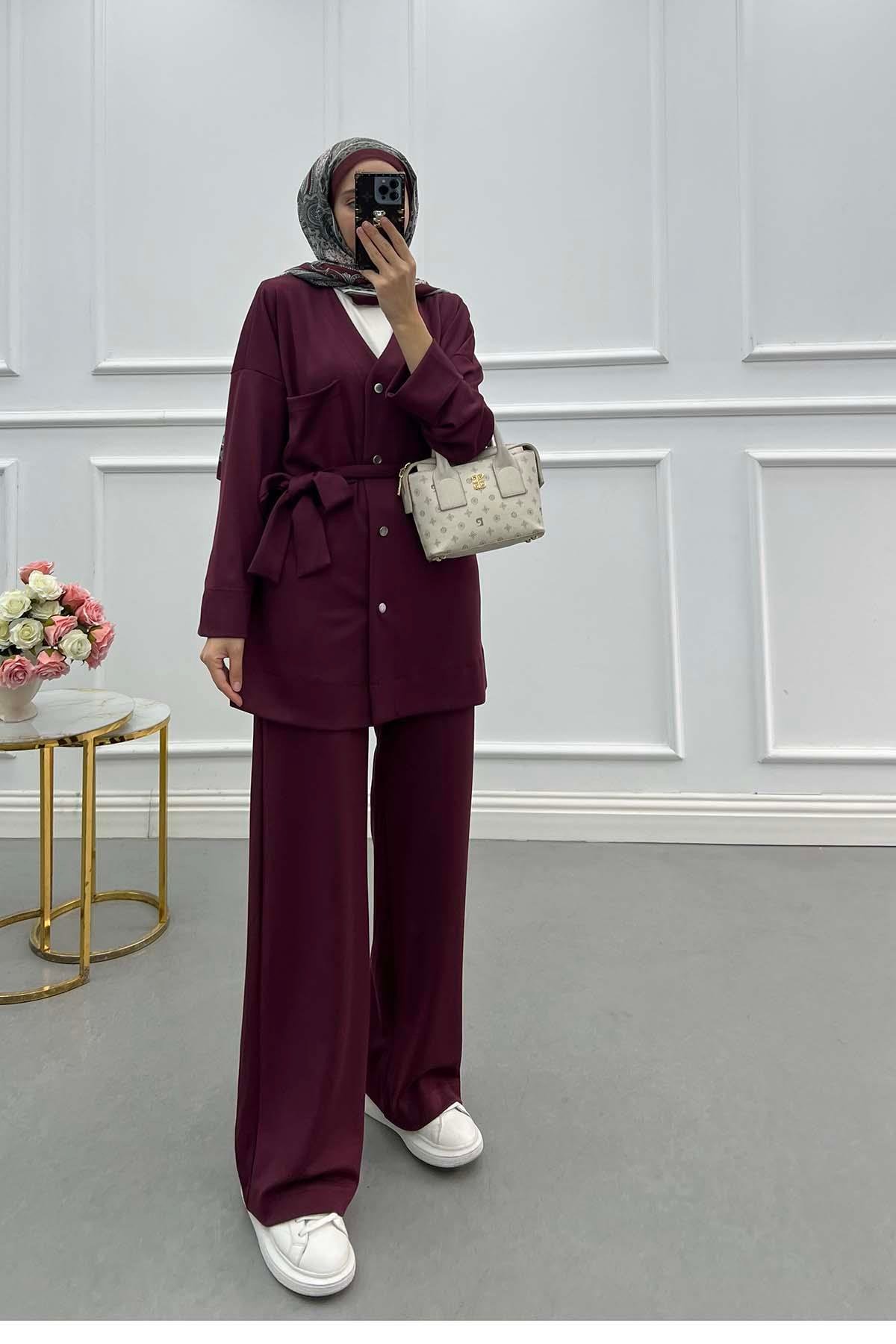 Sare Fashion Oysh Belted Suit with Pocket Detail, Burgundy Sare Fashion Oysh Belted Suit with Pocket Detail, Burgundy