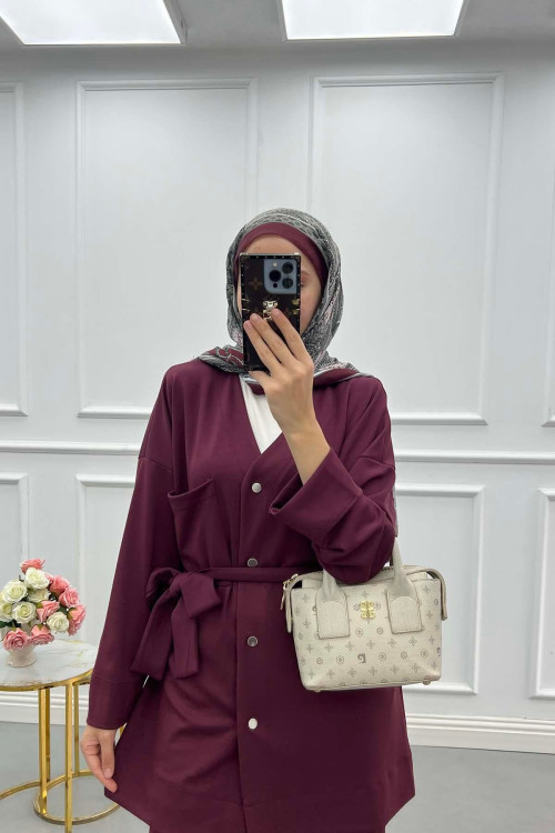 Sare Fashion Oysh Belted Suit with Pocket Detail, Burgundy