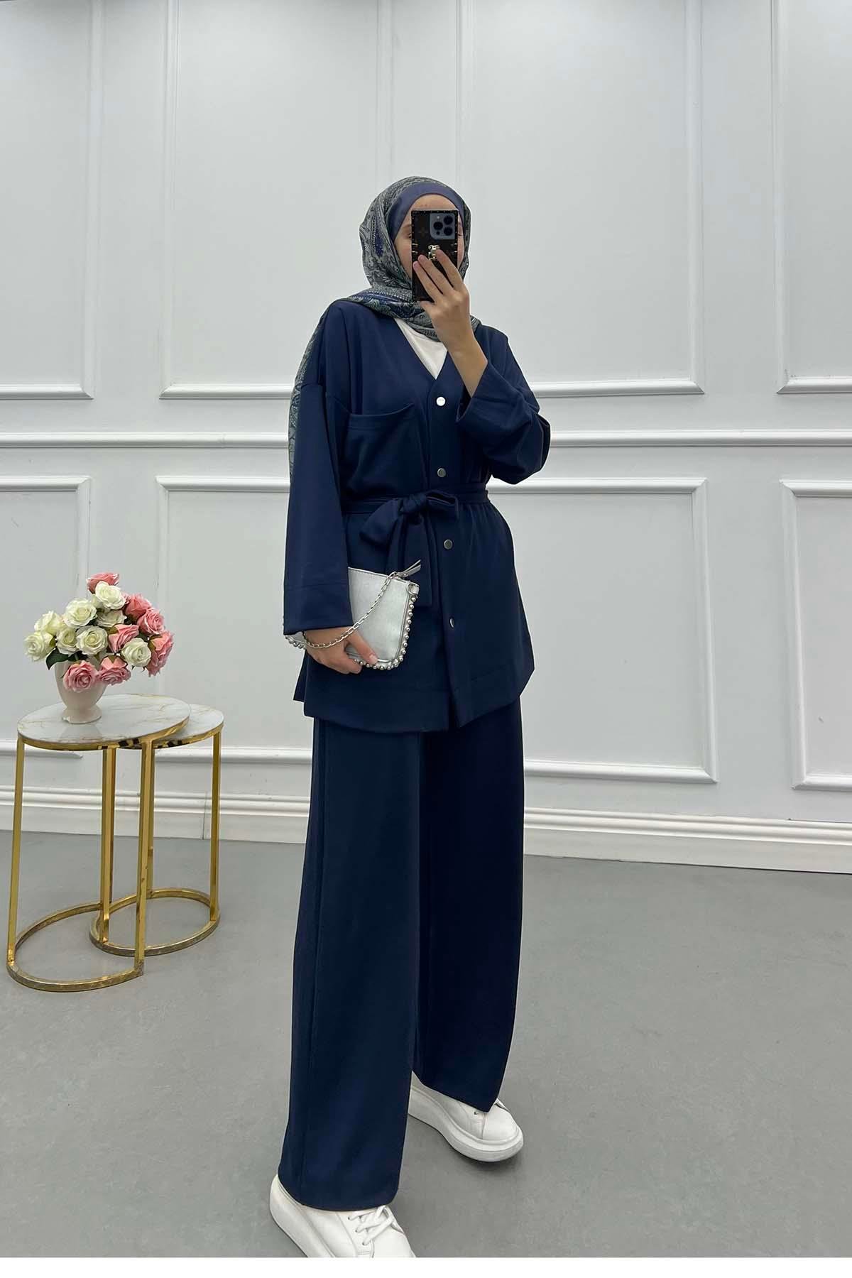 Sare Fashion Oysh Belted Suit with Pocket Detail, Navy Blue Sare Fashion Oysh Belted Suit with Pocket Detail, Navy Blue